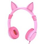 iClever BoostCare Kids Headphones, Cat-inspired Wired On-Ear Headsets with 85dB Volume Limited, Food Grade Silicone Material (Kids-friendly), 3.5mm Audio Jack Cable, Children Headphones for Kids, Pink