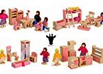 Wood Family Doll Dollhouse Furniture Set, Pink Miniature Bathroom/ Kid Room/ Bedroom/ Kitchen House Furniture Dollhouse Decoration accessories with 4 people Wooden Family Play Dolls (2-4 inches each)