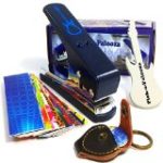 Pick-a-Palooza DIY Guitar Pick Punch with Leather Key Chain Pick Holder, 15 Pick Strips and a Guitar File – Blue/Silver